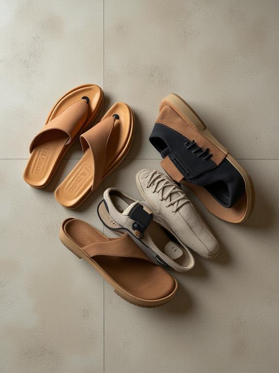 An artistic arrangement of traditional Japanese geta sandals and modern luxury sneakers.